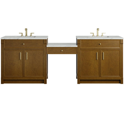Bellshire 96" Dual Vanity Set with 24" Make-Up Counter, Honey Oak w/3 cm Ethereal Noctis Silestone Top