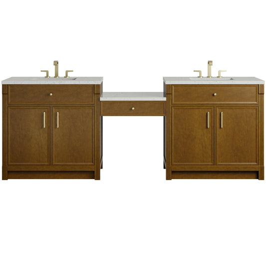Bellshire 96" Dual Vanity Set with 24" Make-Up Counter, Honey Oak w/3 cm Lime Delight Silestone Top