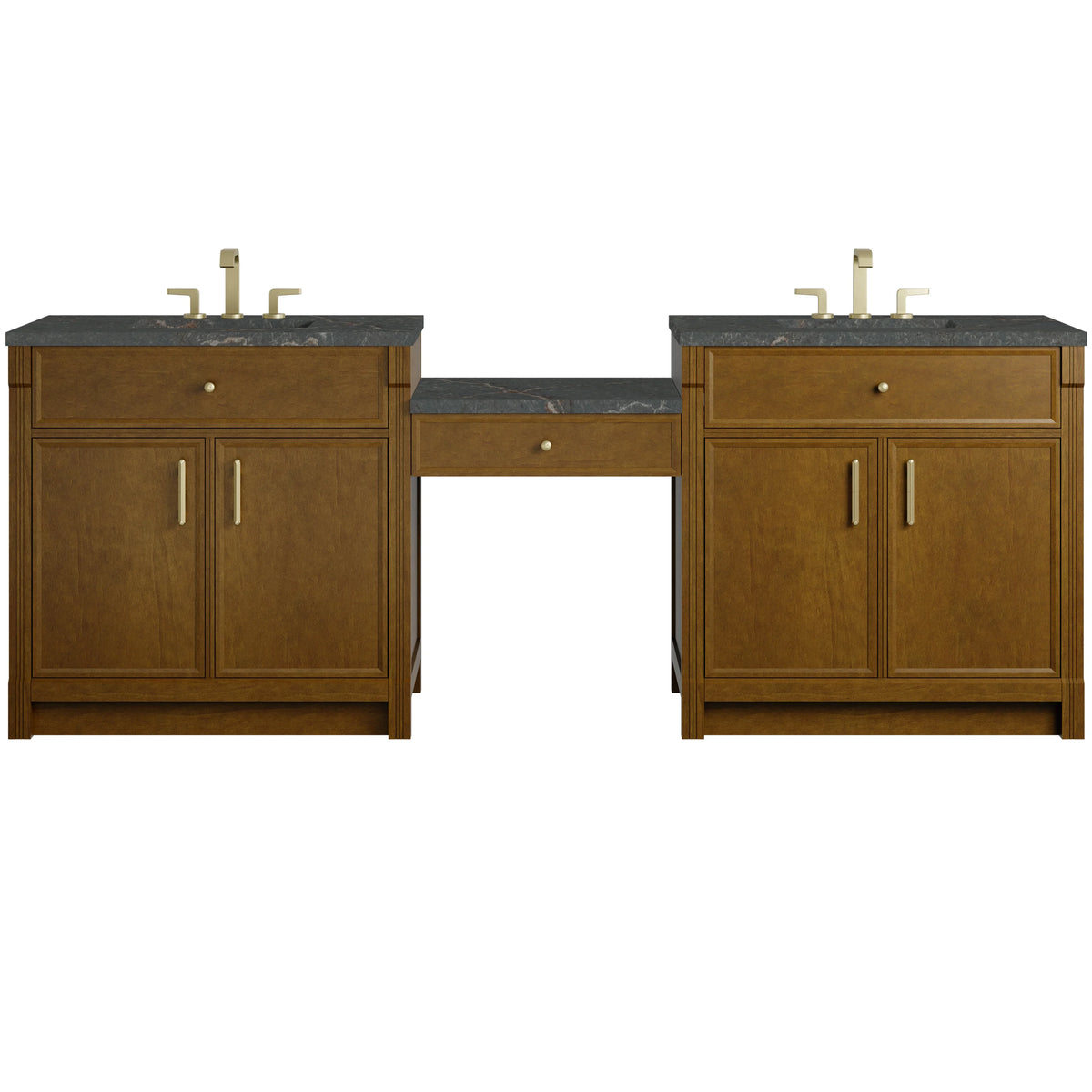 Bellshire 96" Dual Vanity Set with 24" Make-Up Counter, Honey Oak w/3 cm Parisien Bleu Silestone Top