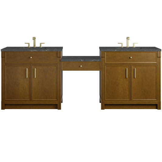 Bellshire 96" Dual Vanity Set with 24" Make-Up Counter, Honey Oak w/3 cm Parisien Bleu Silestone Top