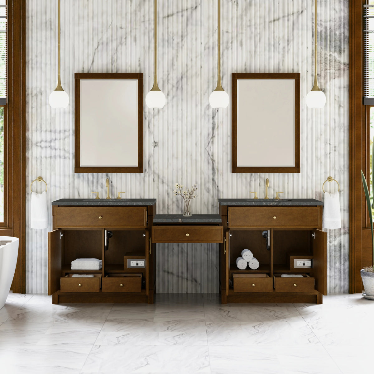 Bellshire 96" Dual Vanity Set with 24" Make-Up Counter, Honey Oak w/3 cm Parisien Bleu Silestone Top, view 3