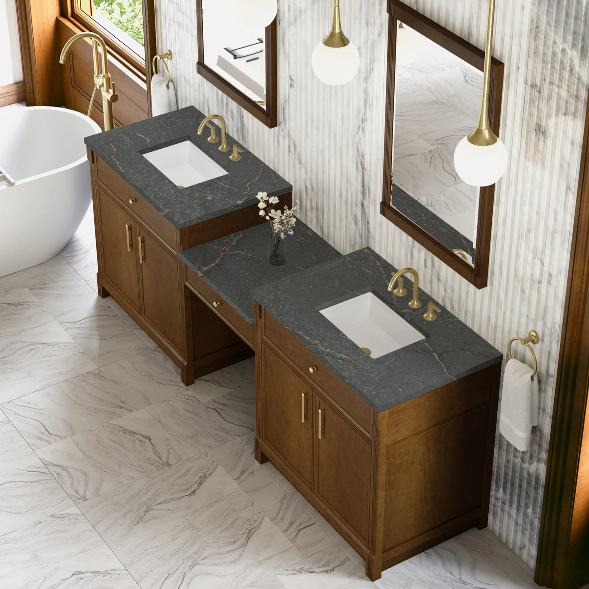 Bellshire 96" Dual Vanity Set with 24" Make-Up Counter, Honey Oak w/3 cm Parisien Bleu Silestone Top, view 4