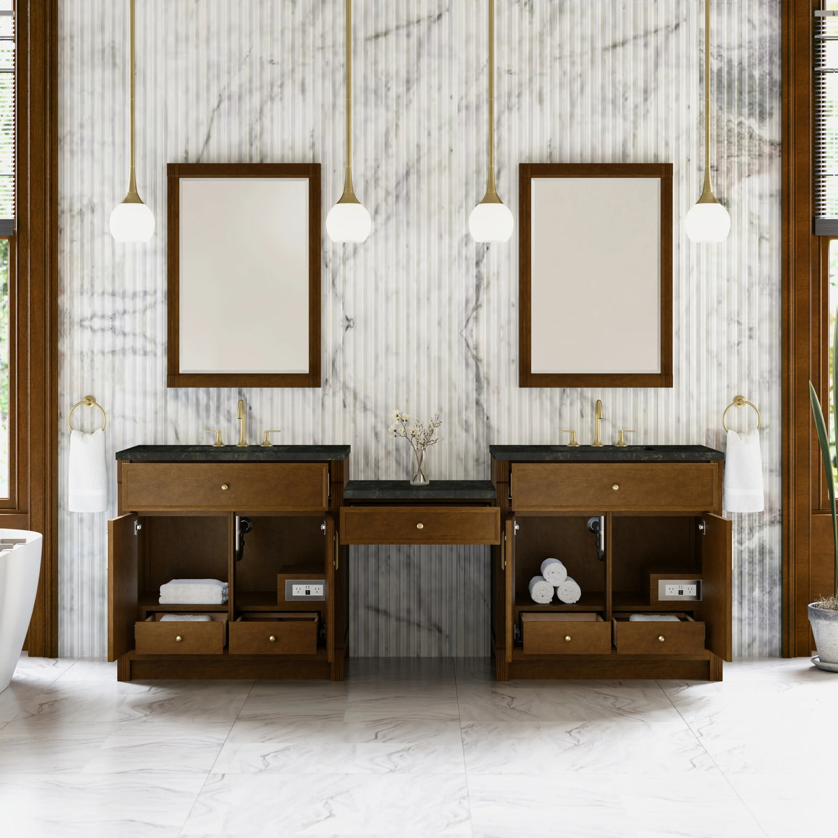 Bellshire 96" Dual Vanity Set with 24" Make-Up Counter, Honey Oak w/3 cm Phantome Eclos Top, view 3