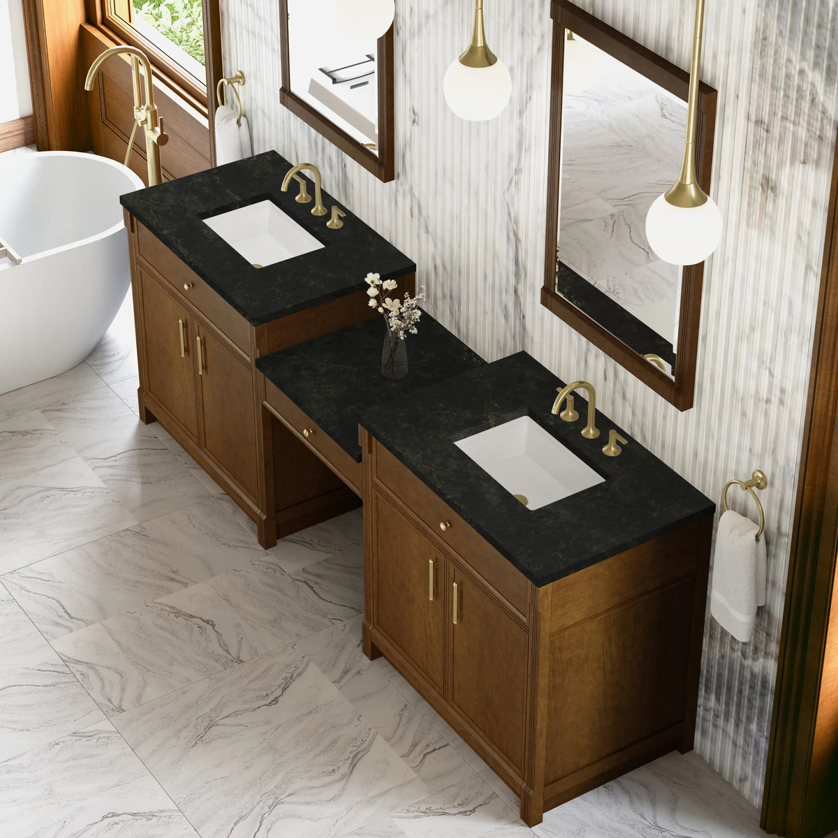 Bellshire 96" Dual Vanity Set with 24" Make-Up Counter, Honey Oak w/3 cm Phantome Eclos Top, view 4
