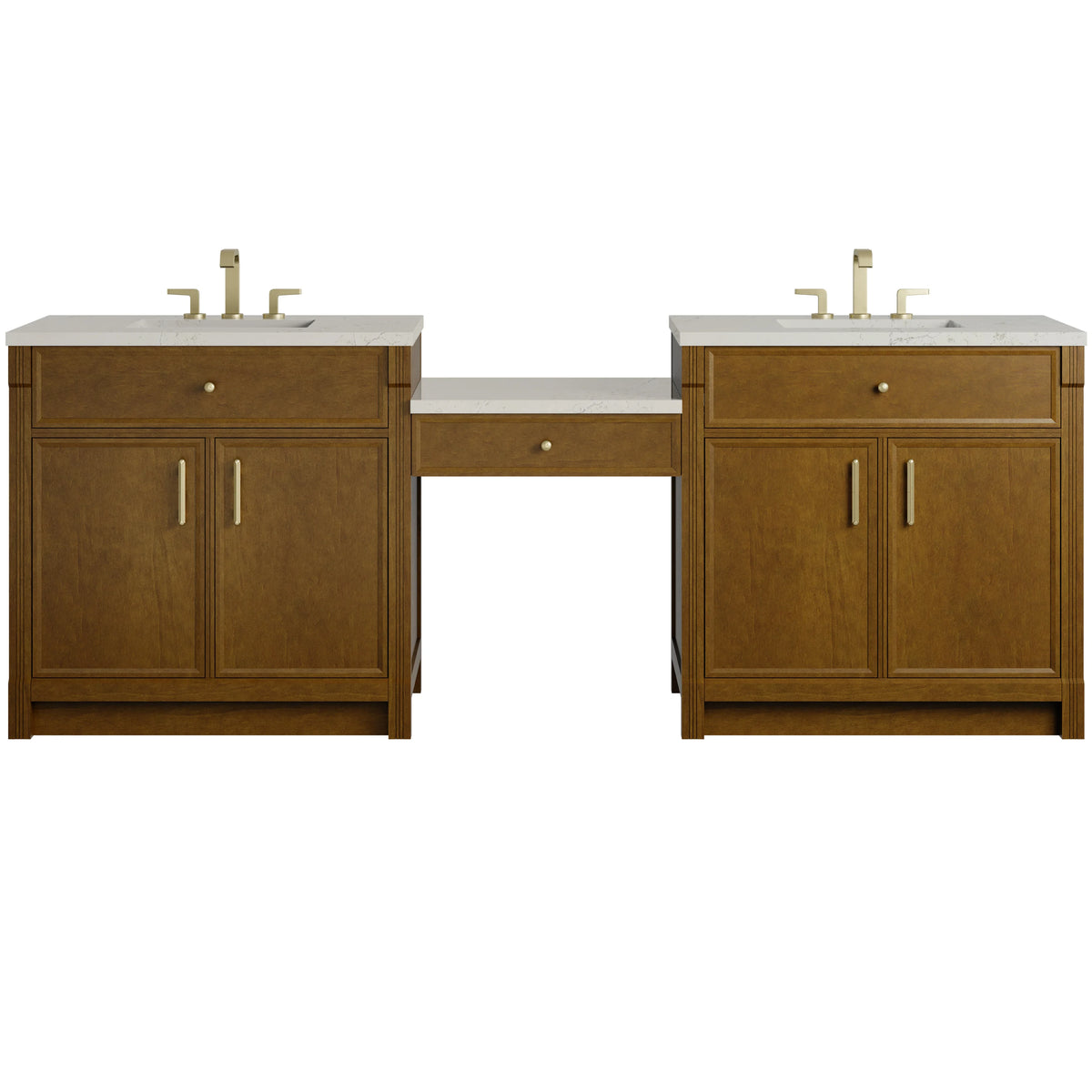 Bellshire 96" Dual Vanity Set with 24" Make-Up Counter, Honey Oak w/3 cm Siberian Silestone Top