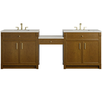 Bellshire 96" Dual Vanity Set with 24" Make-Up Counter, Honey Oak w/3 cm Siberian Silestone Top