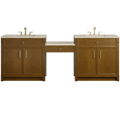 Bellshire 96" Dual Vanity Set with 24" Make-Up Counter, Honey Oak w/3 cm Tajnar Eclos Top
