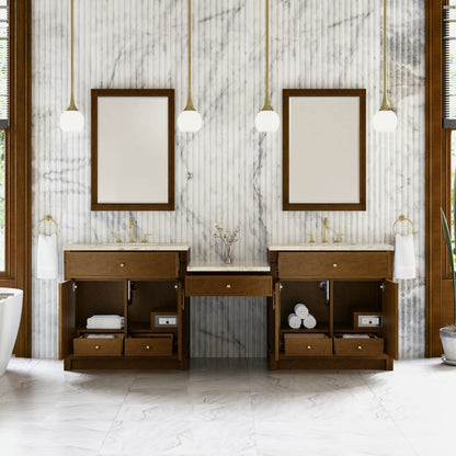 Bellshire 96" Dual Vanity Set with 24" Make-Up Counter, Honey Oak w/3 cm Tajnar Eclos Top, view 3