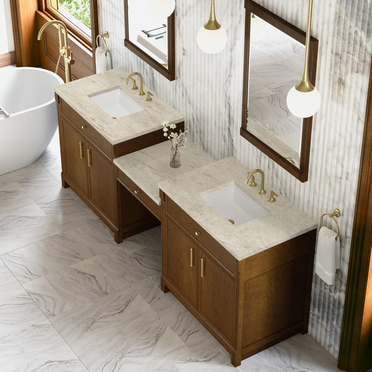 Bellshire 96" Dual Vanity Set with 24" Make-Up Counter, Honey Oak w/3 cm Tajnar Eclos Top, view 4