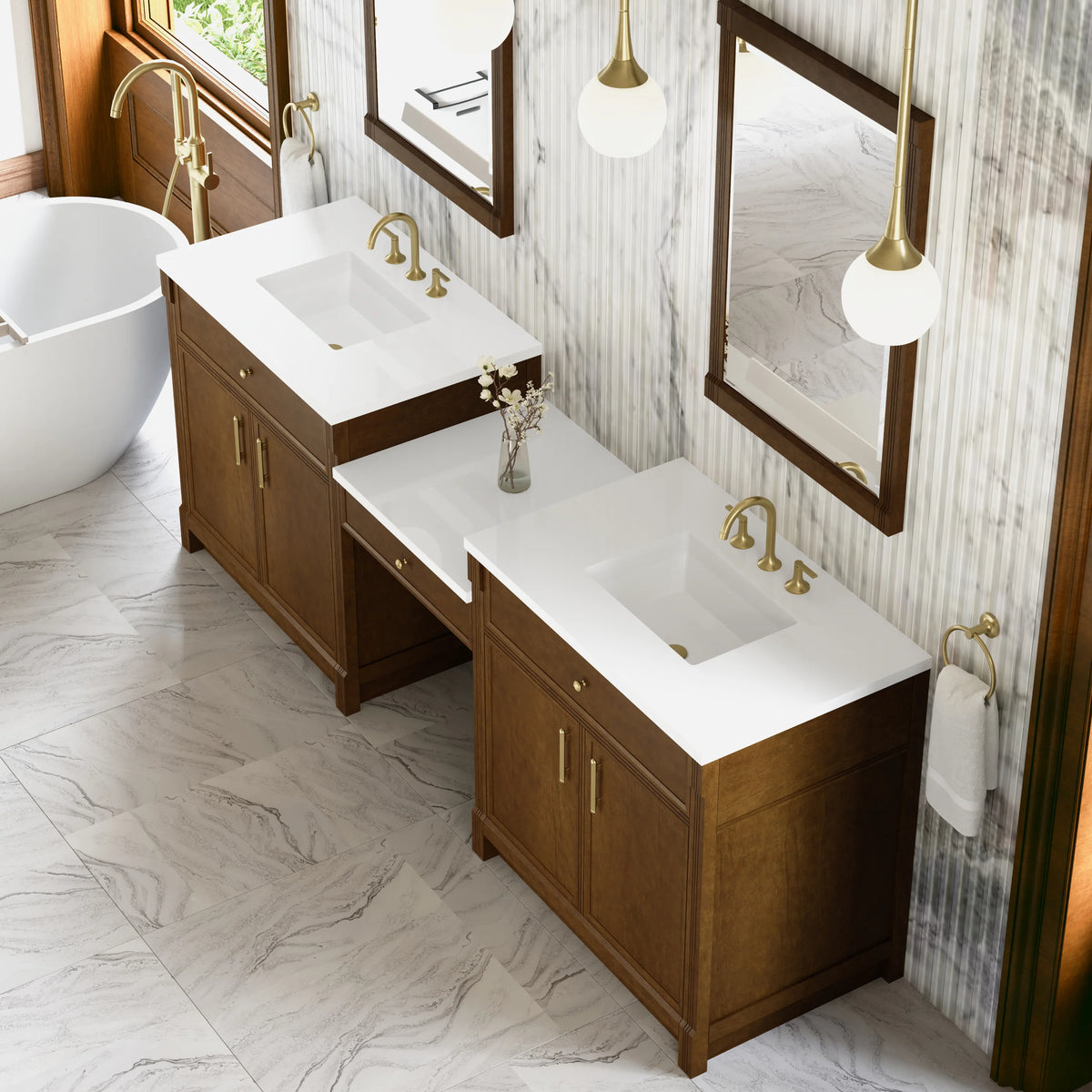 Bellshire 96" Dual Vanity Set with 24" Make-Up Counter, Honey Oak w/3 cm White Zeus Silestone Top, view 4
