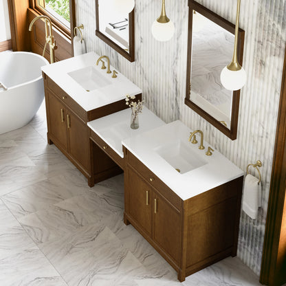 Bellshire 96" Dual Vanity Set with 24" Make-Up Counter, Honey Oak w/3 cm White Zeus Silestone Top, view 4