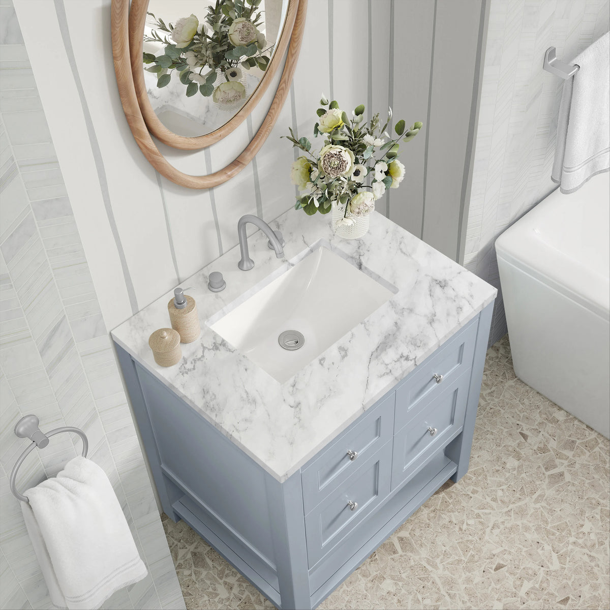 Breckenridge 30" Single Vanity, Serenity Blue, w/ 3 CM Carrara Marble Top, view 7