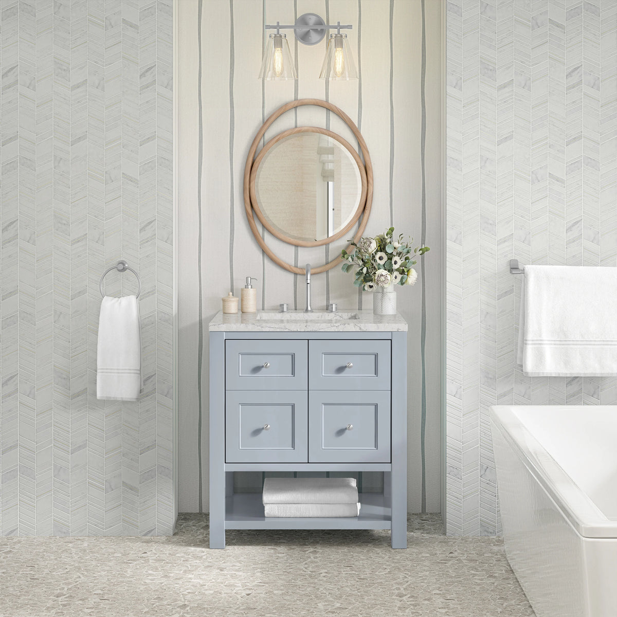 Breckenridge 30" Single Vanity, Serenity Blue, w/ 3 CM Eternal Jasmine Pearl Quartz Top, view 3