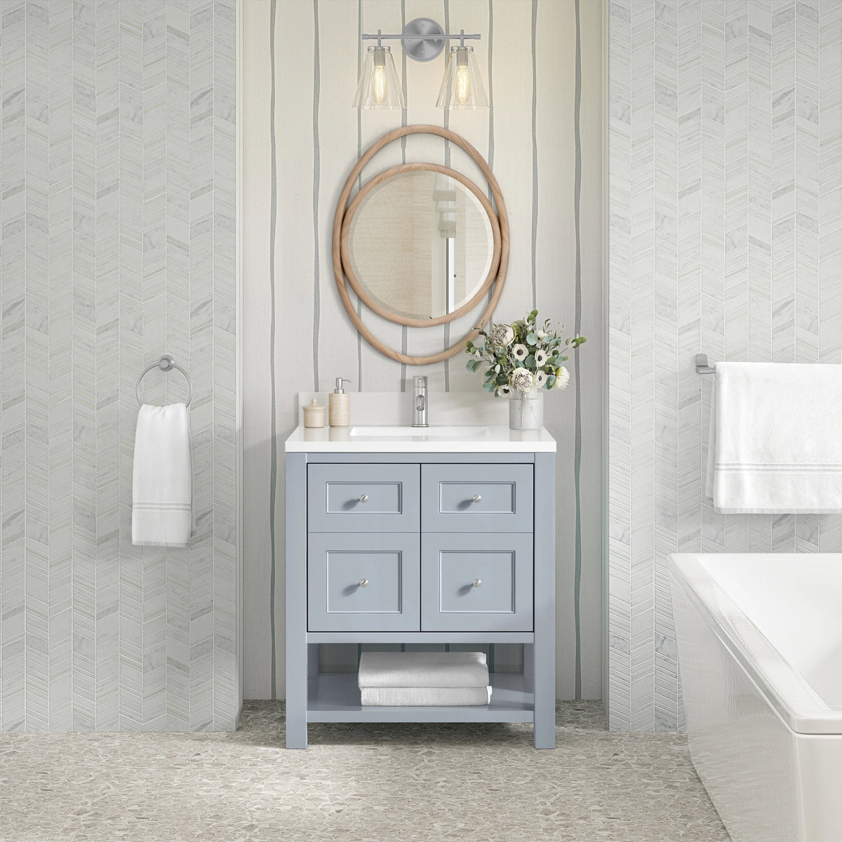Breckenridge 30" Single Vanity, Serenity Blue, w/ Single Hole 3 CM White Zeus Quartz Top & Backsplash, view 3