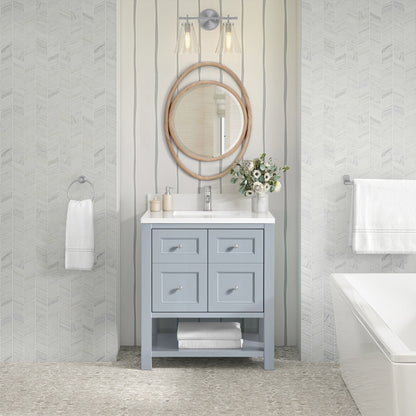Breckenridge 30" Single Vanity, Serenity Blue, w/ Single Hole 3 CM White Zeus Quartz Top & Backsplash, view 3