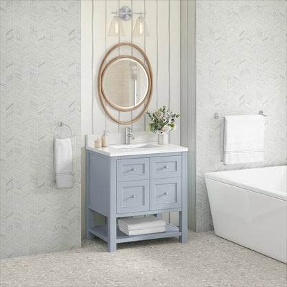 Breckenridge 30" Single Vanity, Serenity Blue, w/ Single Hole 3 CM White Zeus Quartz Top & Backsplash, view 4