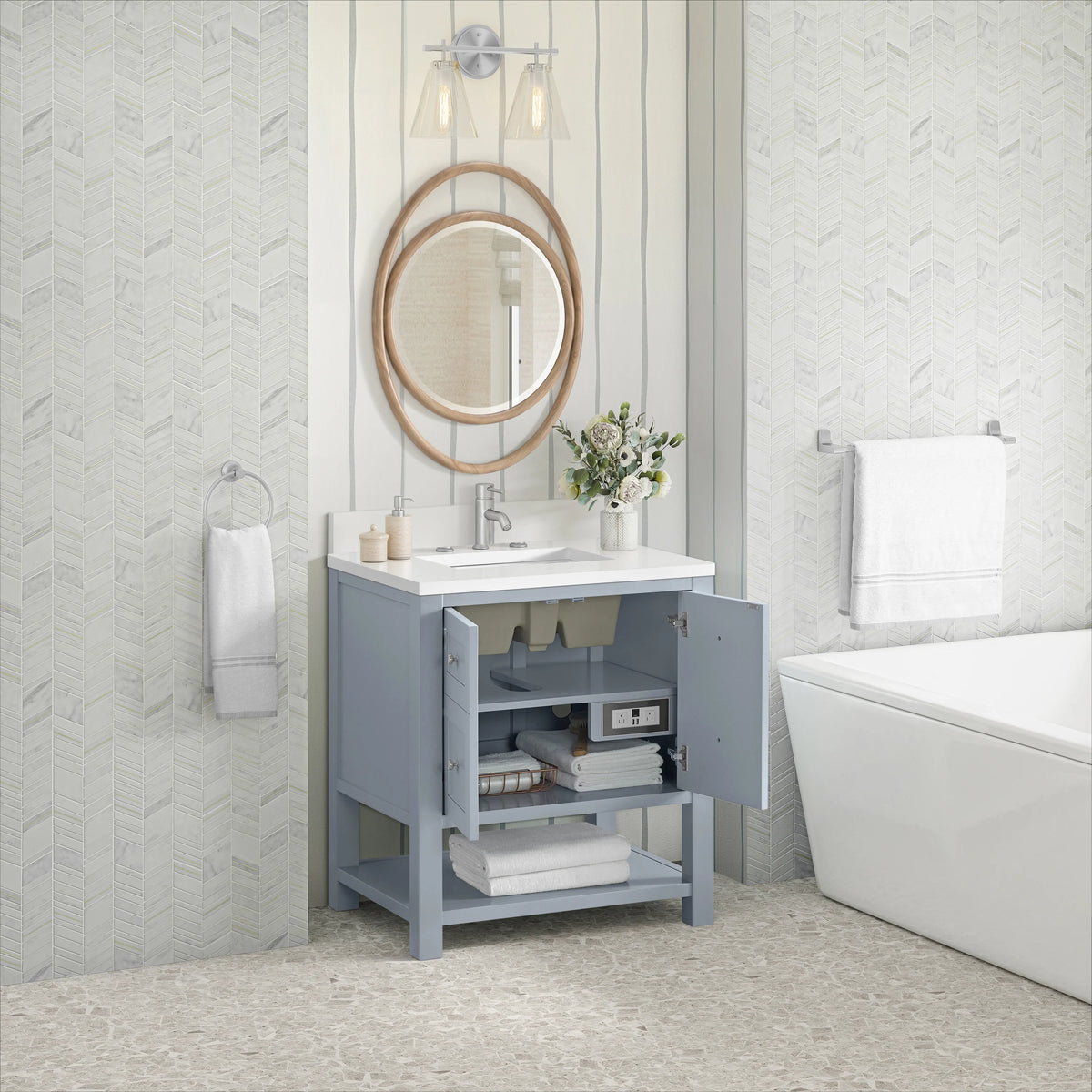 Breckenridge 30" Single Vanity, Serenity Blue, w/ Single Hole 3 CM White Zeus Quartz Top & Backsplash, view 5