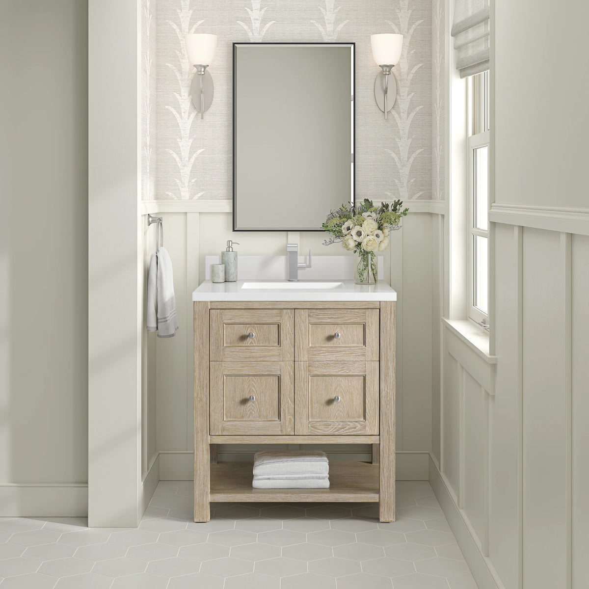 Breckenridge 30" Single Vanity, Whitewashed Oak w/ Single Hole 3CM White Zeus Silestone Top & Backsplash, view 3
