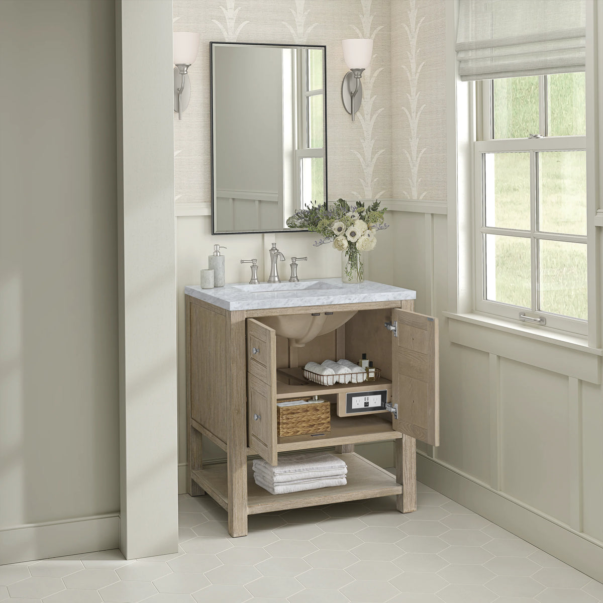 Breckenridge 30" Single Vanity, Whitewashed Oak w/ 3 CM Carrara White Marble Top, view 5