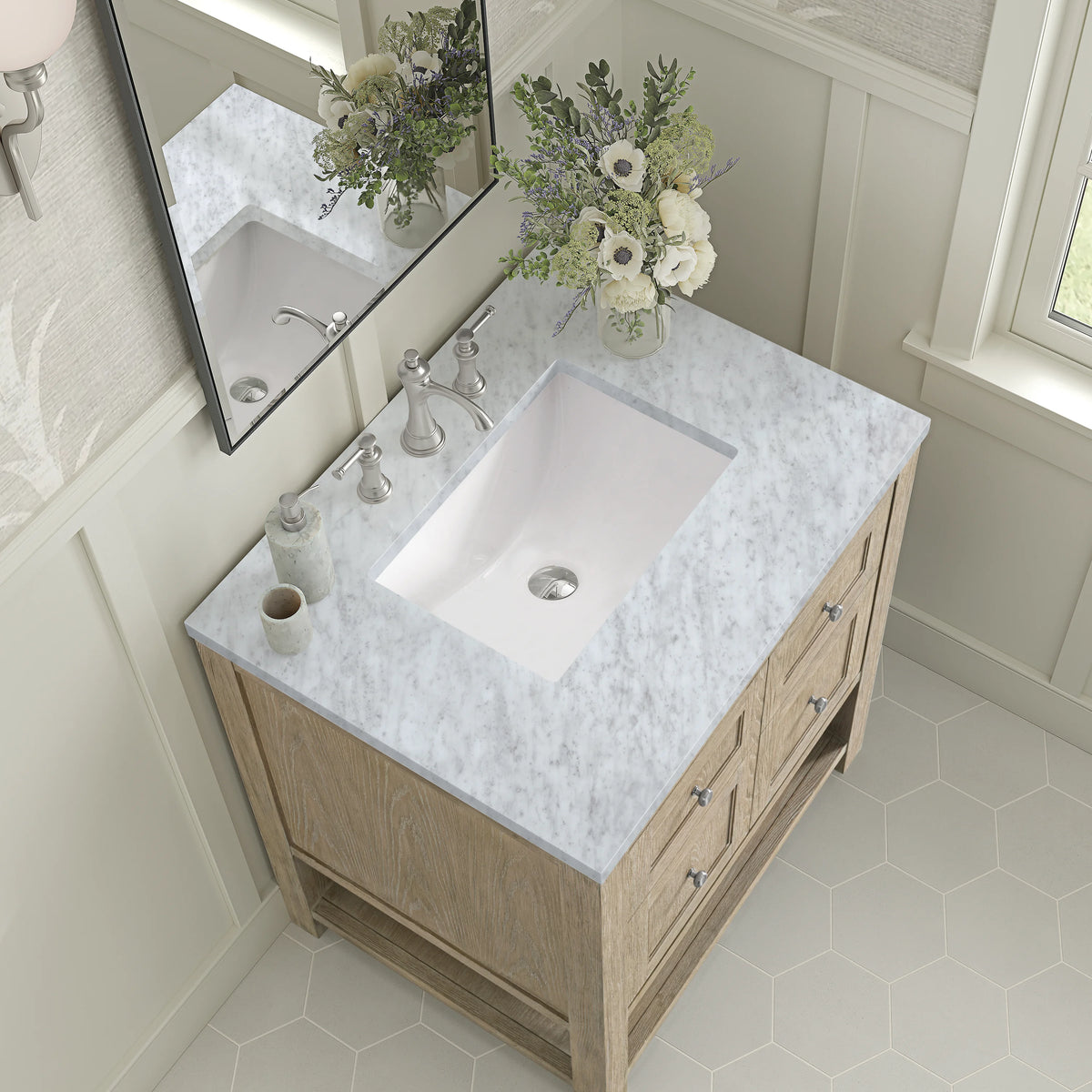 Breckenridge 30" Single Vanity, Whitewashed Oak w/ 3 CM Carrara White Marble Top, view 7