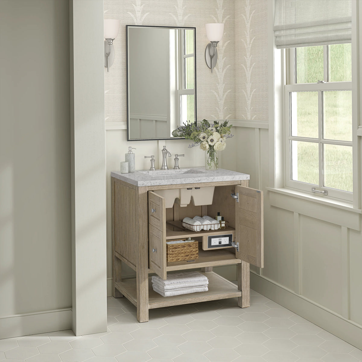 Breckenridge 30" Single Vanity, Whitewashed Oak w/ 3 CM Eternal Jasmine Pearl Silestone Top, view 5