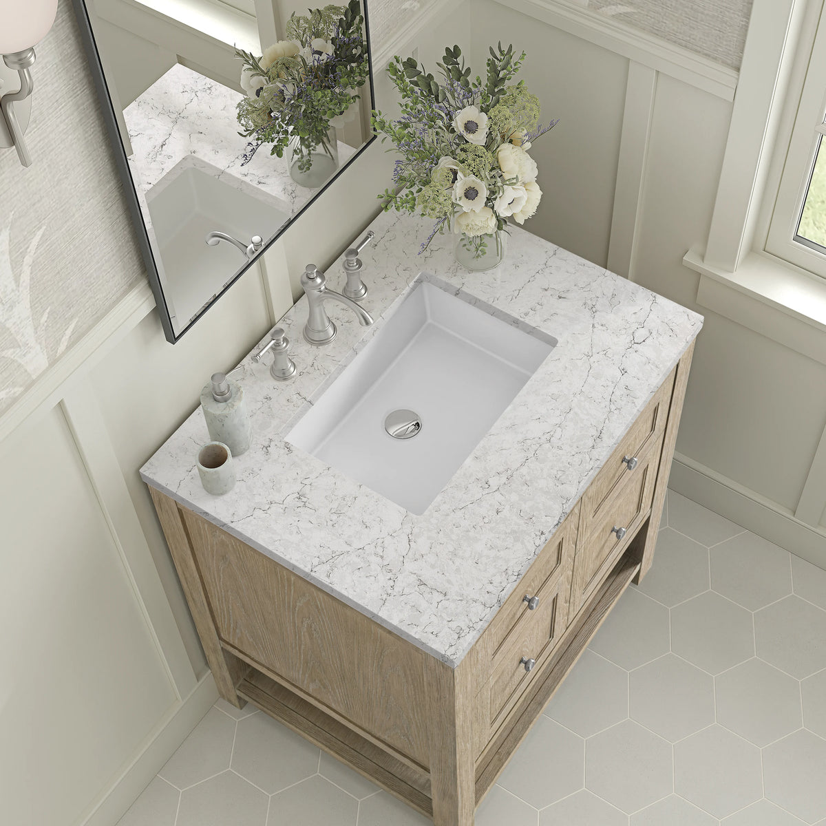 Breckenridge 30" Single Vanity, Whitewashed Oak w/ 3 CM Eternal Jasmine Pearl Silestone Top, view 7