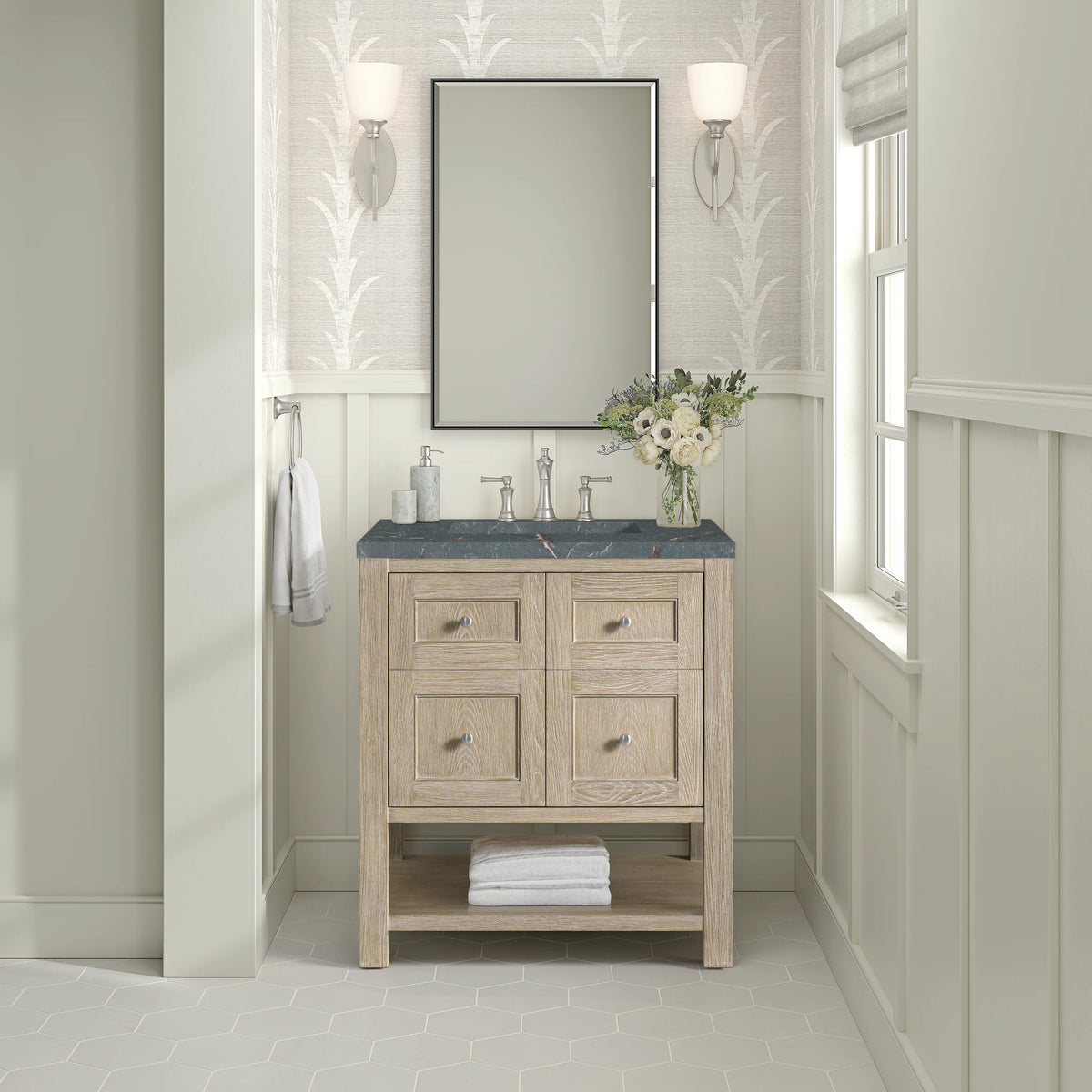 Breckenridge 30" Single Vanity, Whitewashed Oak w/ 3 CM Parisien Bleu Silestone Top, view 3
