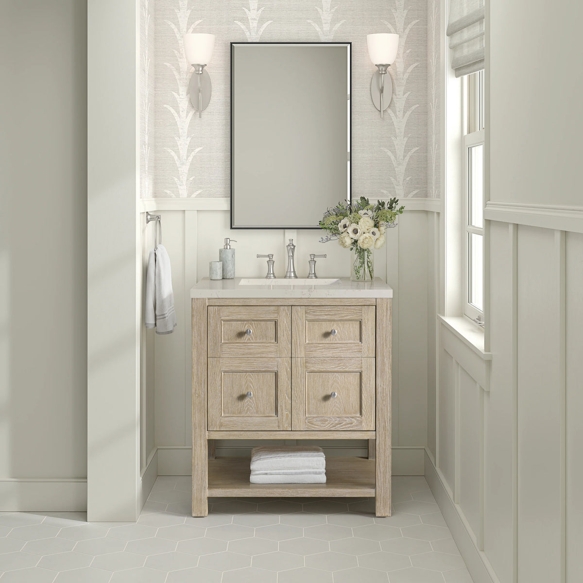 Breckenridge 30" Single Vanity, Whitewashed Oak, w/ 3 CM Siberian Silestone Top, view 3