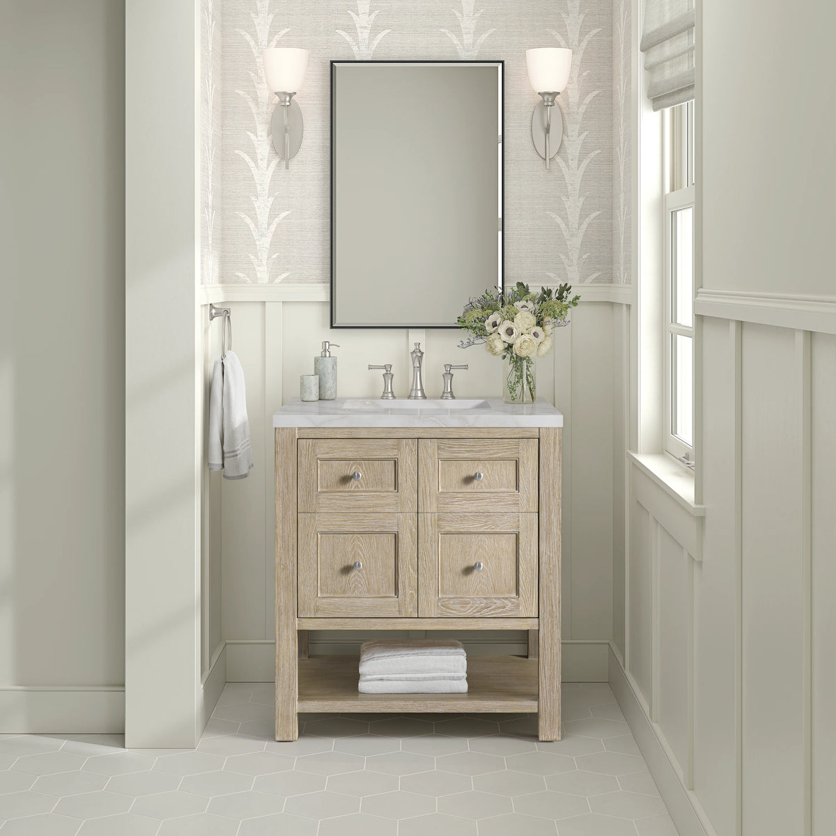 Breckenridge 30" Single Vanity, Whitewashed Oak w/ 3 CM Victorian Silver Silestone Top, view 3