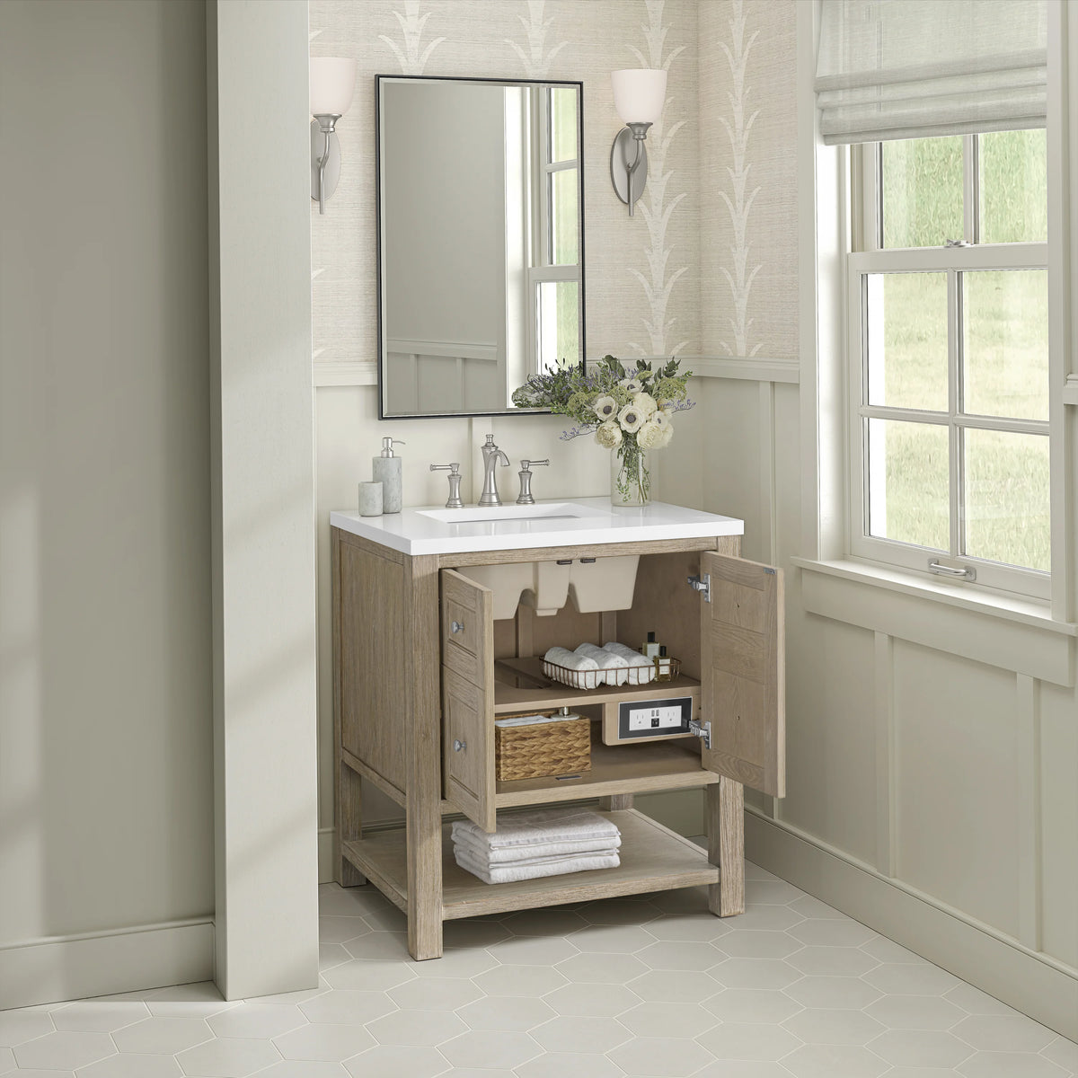 Breckenridge 30" Single Vanity, Whitewashed Oak w/ 3 CM White Zeus Silestone Top, view 5
