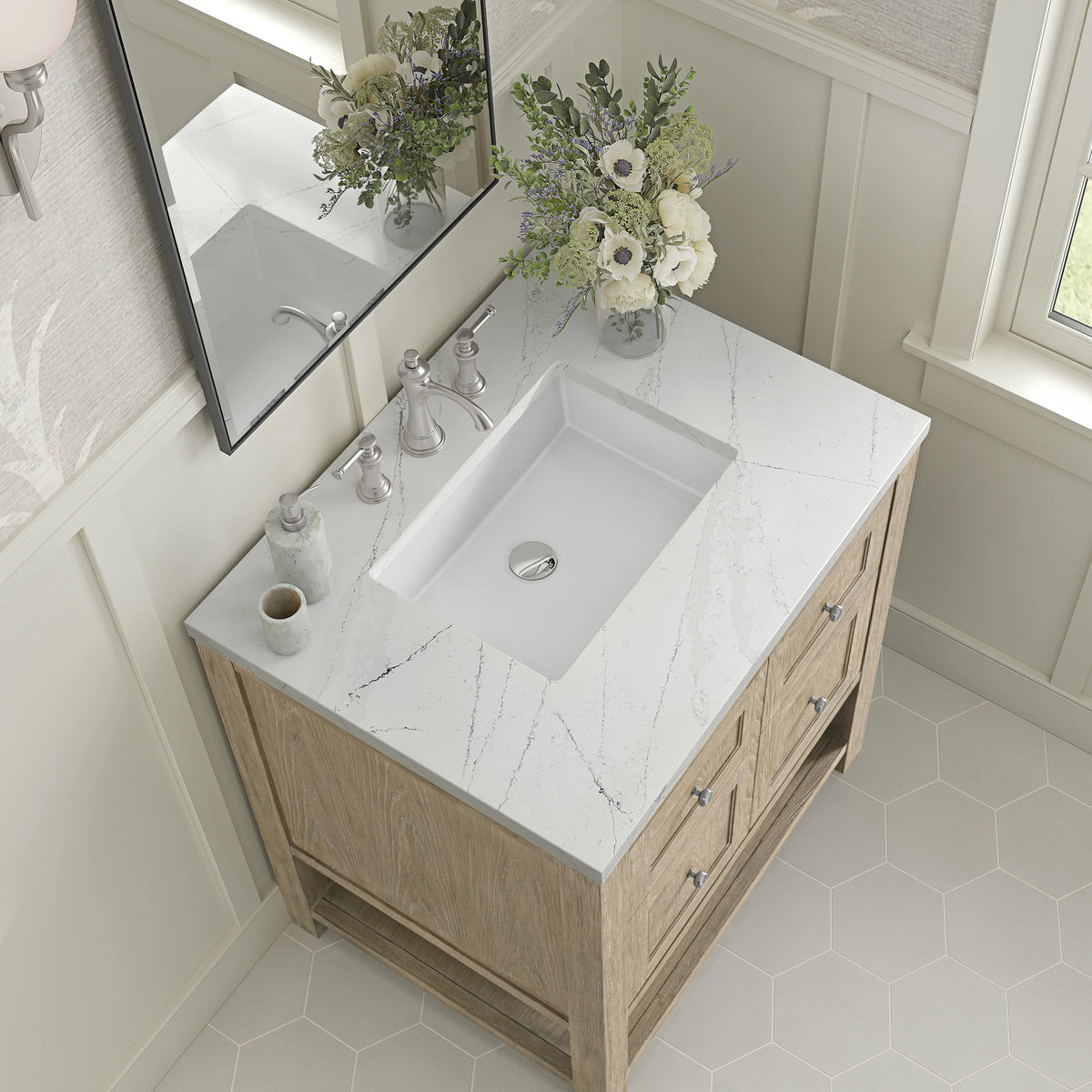 Breckenridge 30" Single Vanity, Whitewashed Oak w/ 3 CM White Zeus Silestone Top, view 7