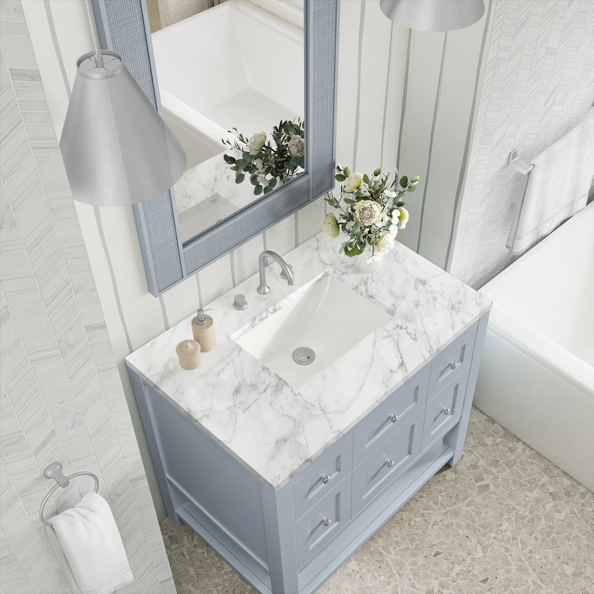 Breckenridge 36" Single Vanity, Serenity Blue, w/ 3 CM Carrara Marble Top, view 7