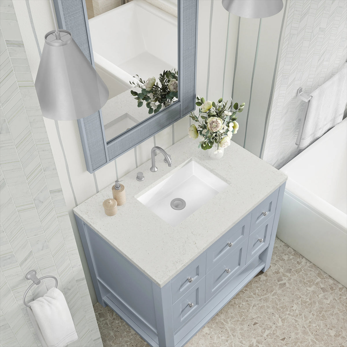 Breckenridge 36" Single Vanity, Serenity Blue, w/ 3 CM Lime Delight Quartz Top, view 7