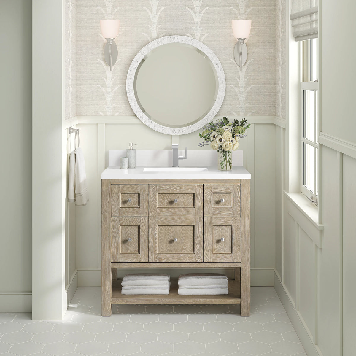 Breckenridge 36" Single Vanity, Whitewashed Oak w/ Single Hole 3CM White Zeus Silestone Top & Backsplash, view 3