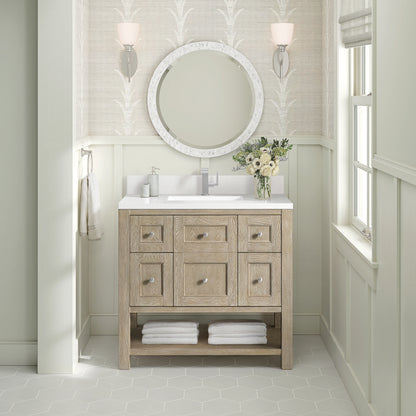 Breckenridge 36" Single Vanity, Whitewashed Oak w/ Single Hole 3CM White Zeus Silestone Top & Backsplash, view 3