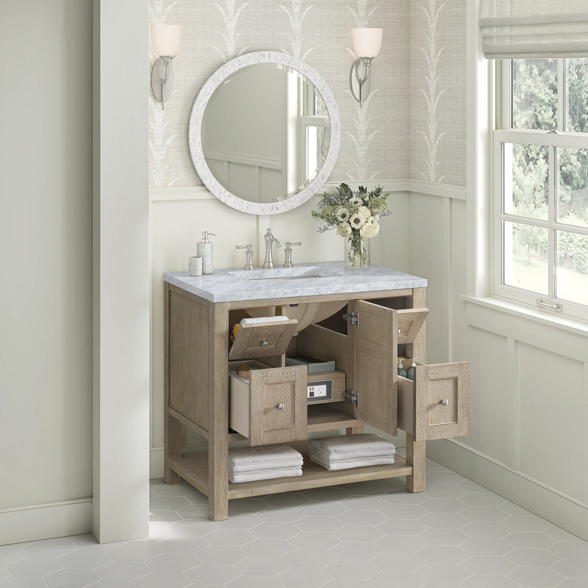Breckenridge 36" Single Vanity, Whitewashed Oak w/ 3 CM Carrara White Marble Top, view 5