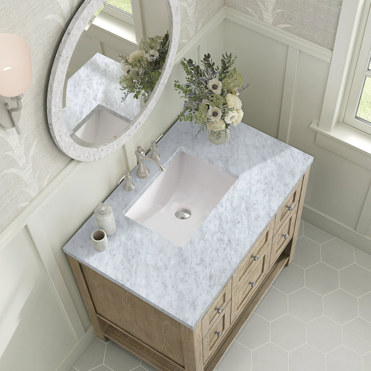 Breckenridge 36" Single Vanity, Whitewashed Oak w/ 3 CM Carrara White Marble Top, view 7