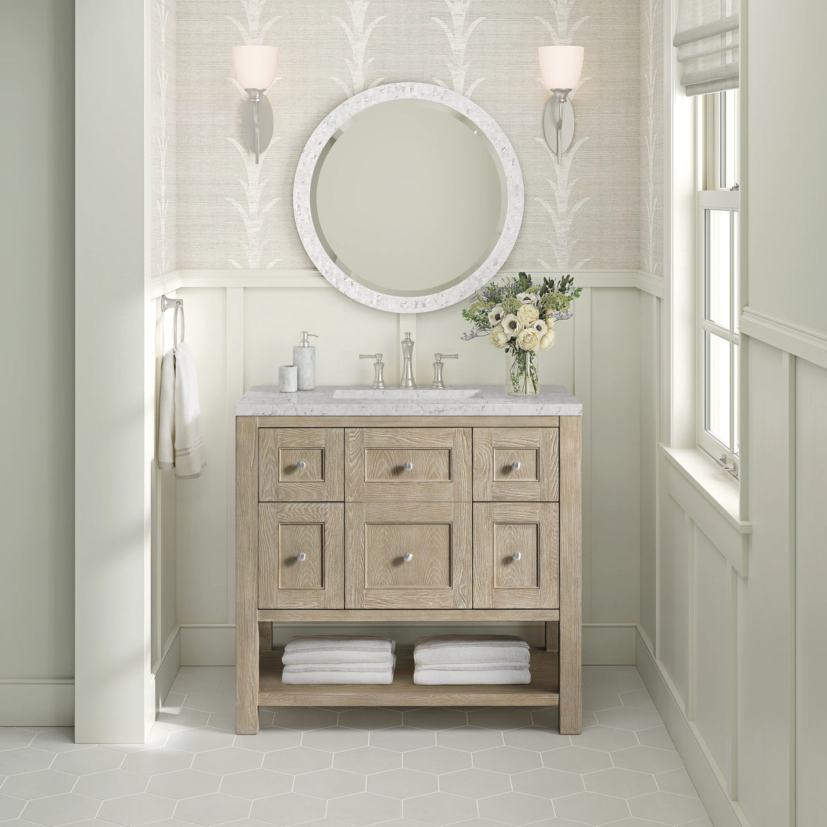 Breckenridge 36" Single Vanity, Whitewashed Oak w/ 3 CM Eternal Jasmine Pearl Silestone Top, view 3