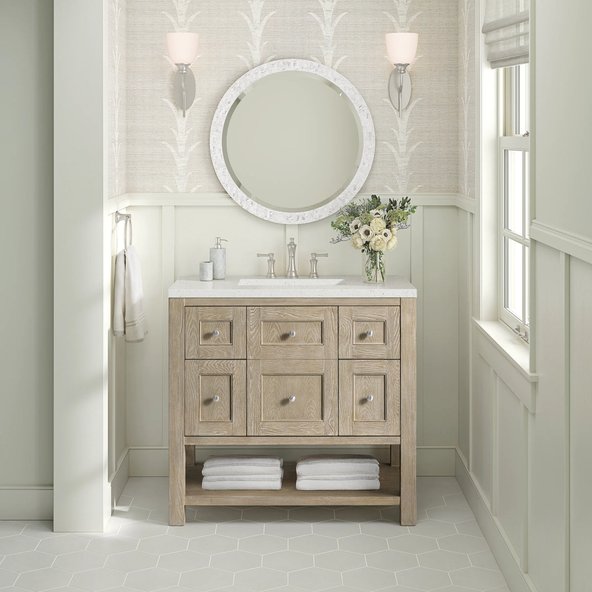 Breckenridge 36" Single Vanity, Whitewashed Oak w/ 3 CM Lime Delight Silestone Top, view 3