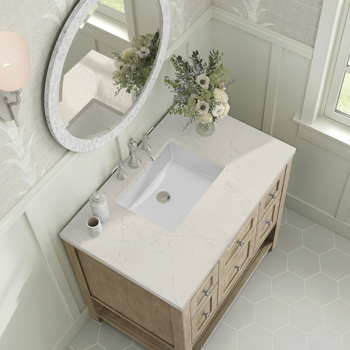 Breckenridge 36" Single Vanity, Whitewashed Oak, w/ 3 CM Siberian Silestone Top, view 7