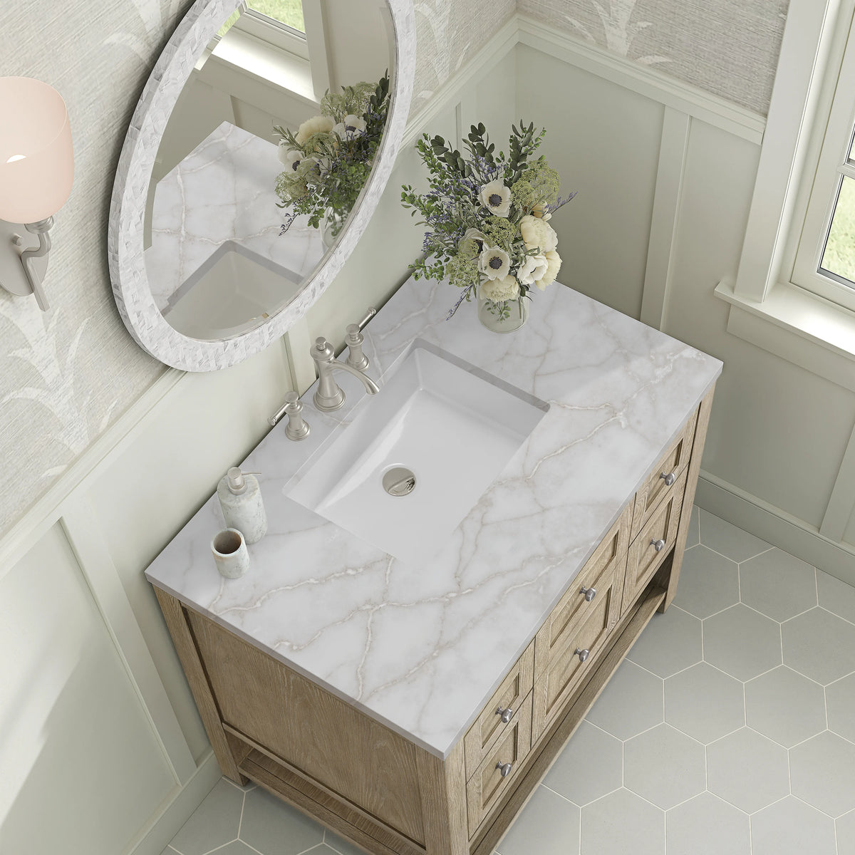Breckenridge 36" Single Vanity, Whitewashed Oak w/ 3 CM Victorian Silver Silestone Top, view 7