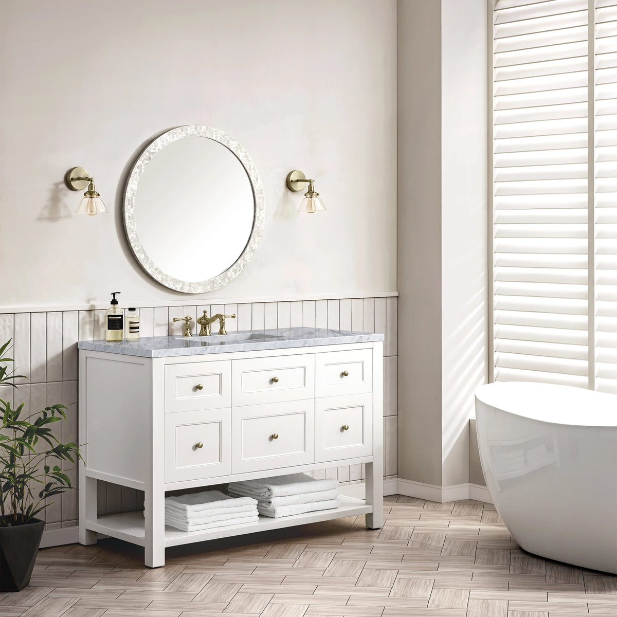 Breckenridge 48" Single Vanity, Bright White w/ 3 CM Carrara Marble Top, view 4
