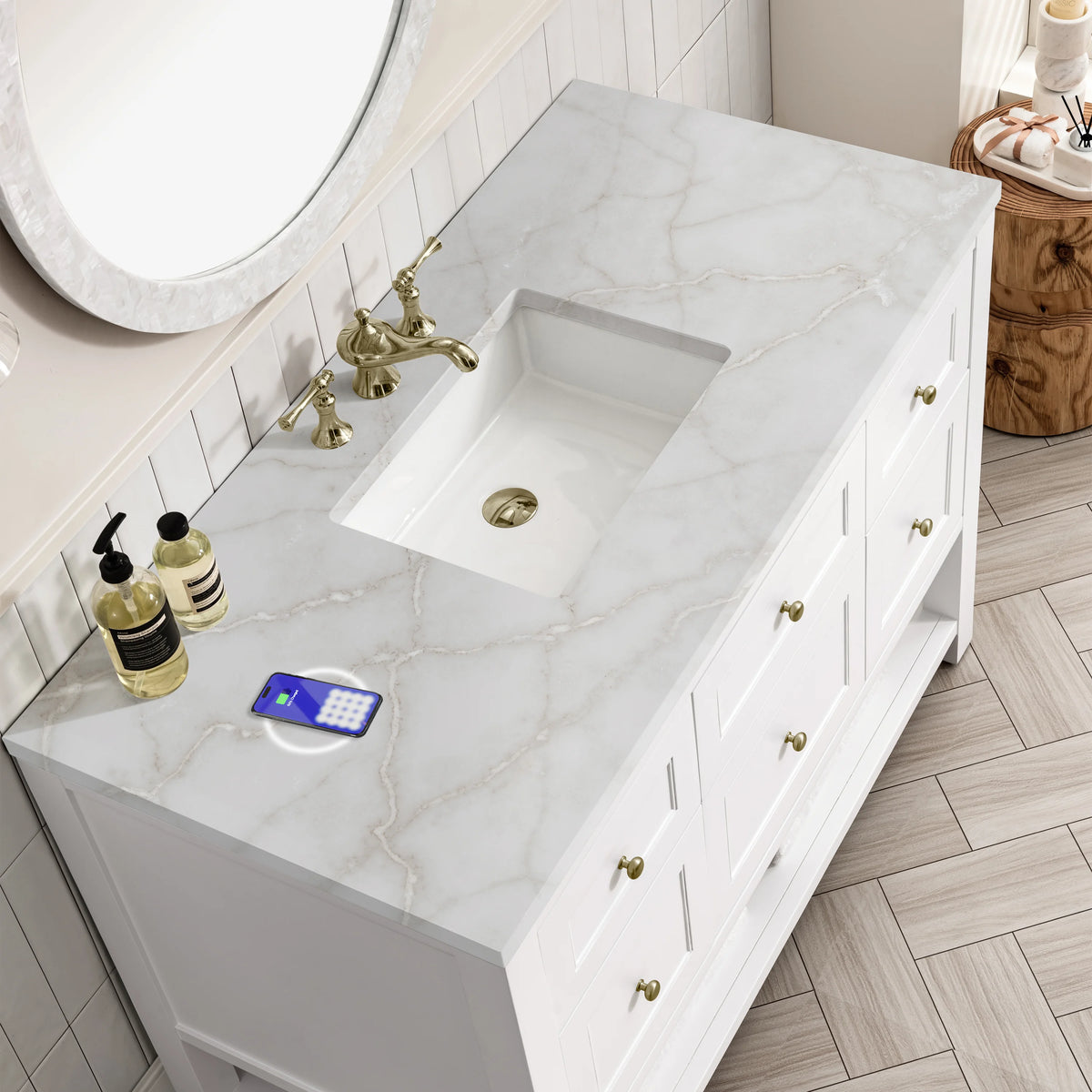 Breckenridge 48" Single Vanity, Bright White w/ 3 CM Victorian Silver Top w/FreePower Wireless Charger, view 10