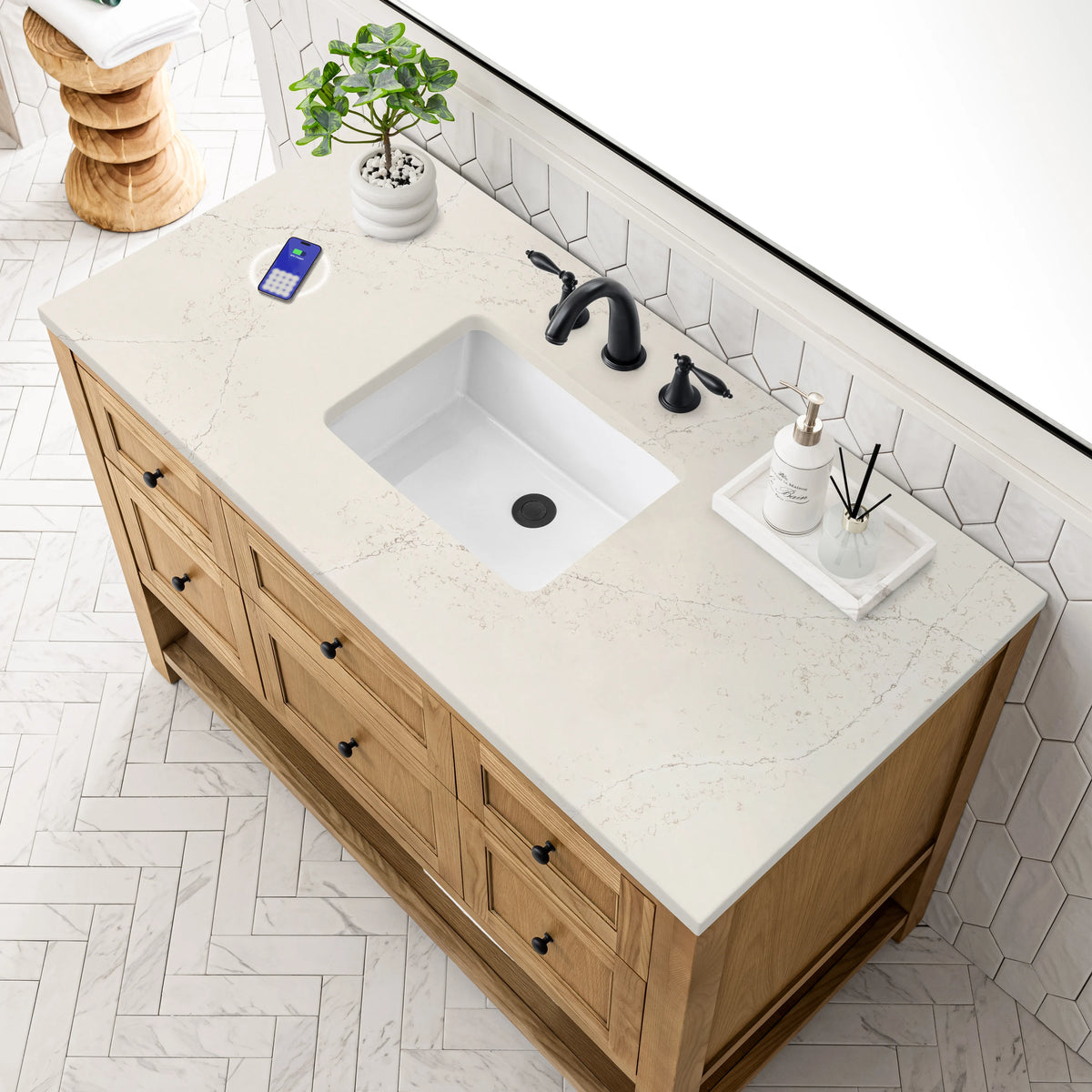 Breckenridge 48" Single Vanity, Light Natural Oak, w/ 3 CM Siberian Silestone Top w/FreePower Wireless Charger, view 10
