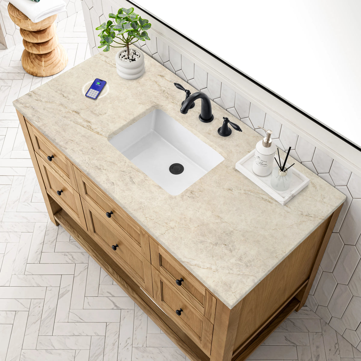 Breckenridge 48" Single Vanity, Light Natural Oak, w/ 3 CM Tajnar Eclos Top w/FreePower Wireless Charger, view 10