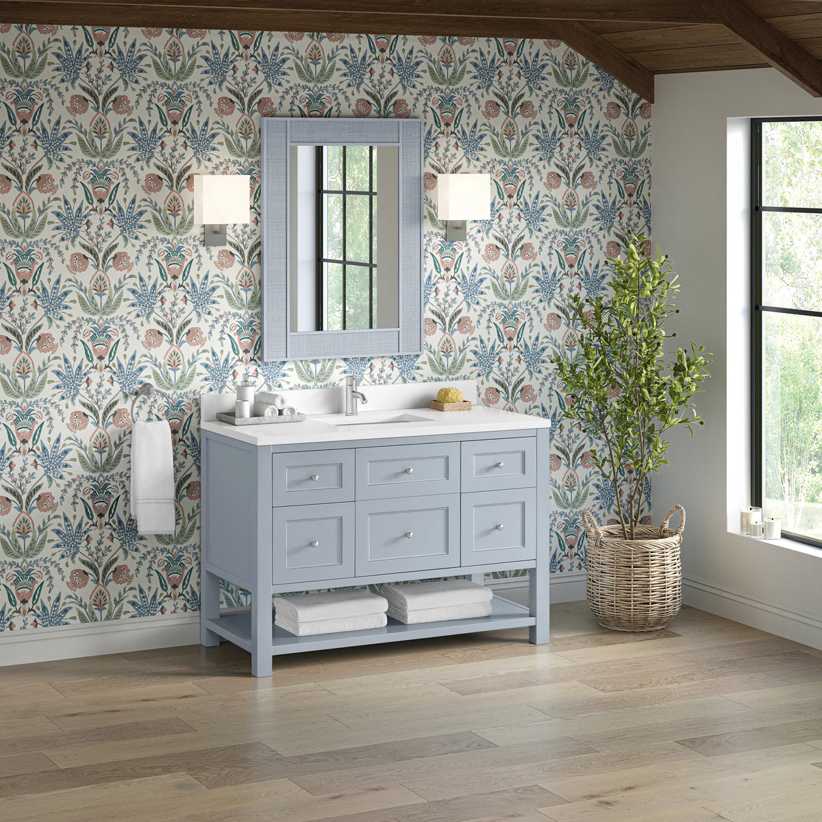 Breckenridge 48" Single Vanity, Serenity Blue, w/ Single Hole 3 CM White Zeus Quartz Top & Backsplash, view 4