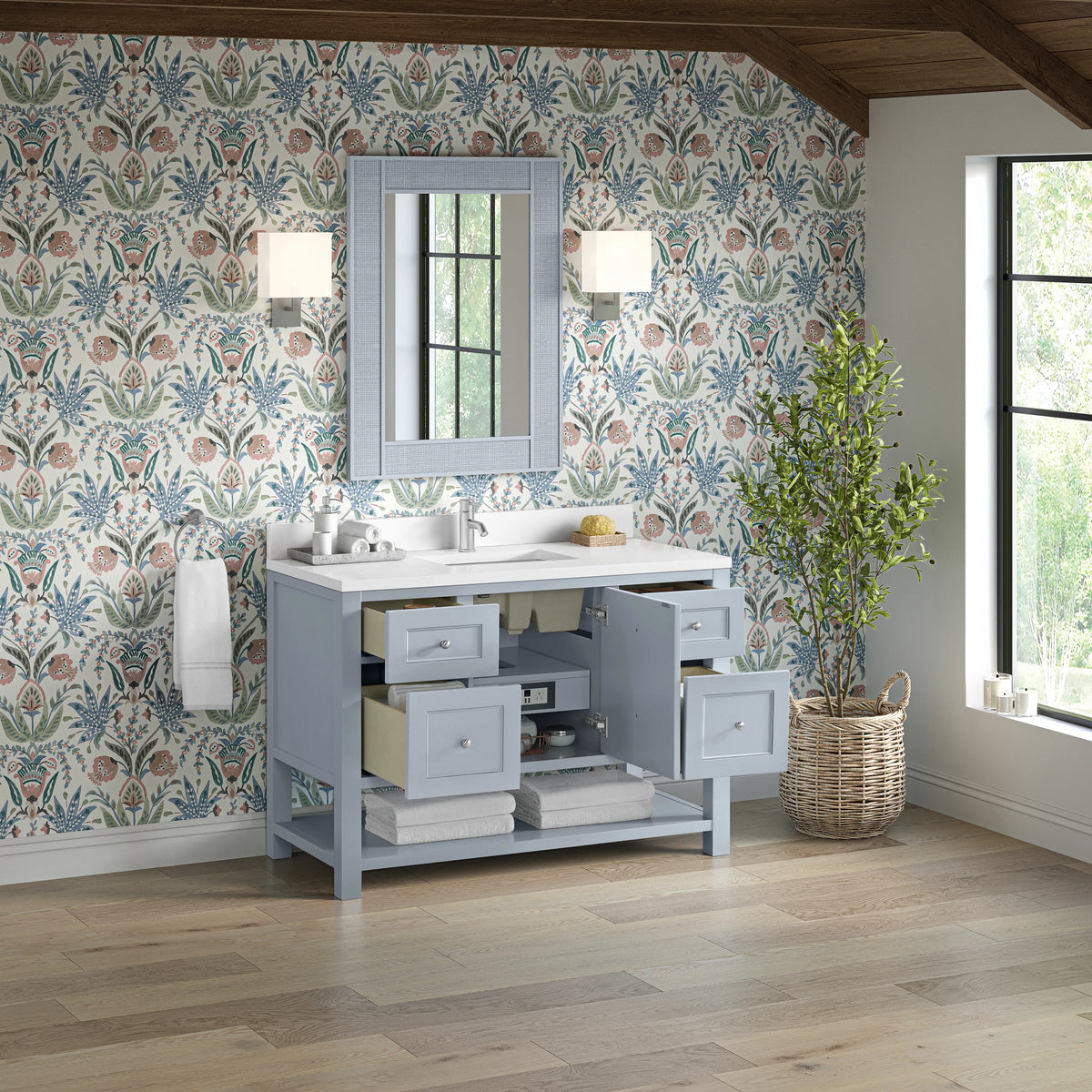 Breckenridge 48" Single Vanity, Serenity Blue, w/ Single Hole 3 CM White Zeus Quartz Top & Backsplash, view 5