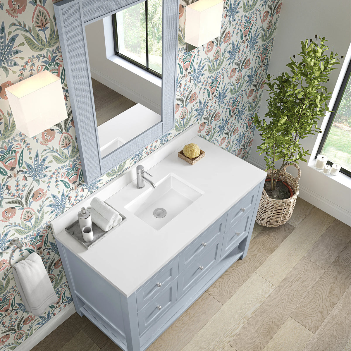 Breckenridge 48" Single Vanity, Serenity Blue, w/ Single Hole 3 CM White Zeus Quartz Top & Backsplash, view 7