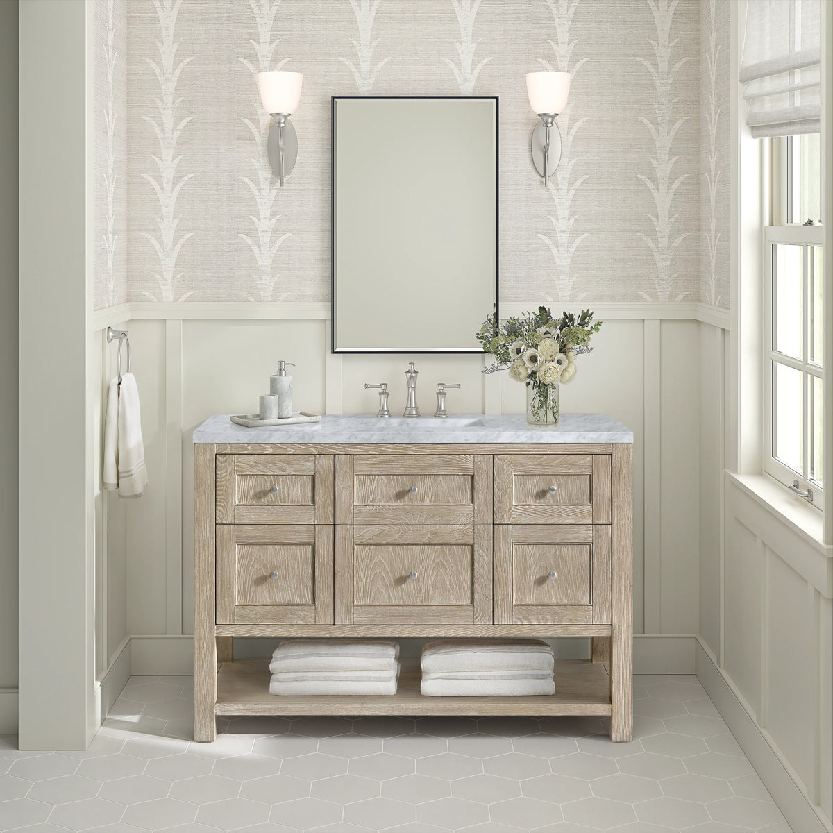 Breckenridge 48" Single Vanity, Whitewashed Oak w/ 3 CM Carrara White Marble Top, view 3