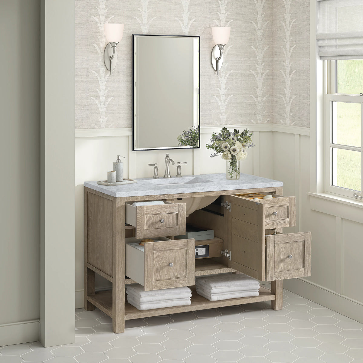 Breckenridge 48" Single Vanity, Whitewashed Oak w/ 3 CM Carrara White Marble Top, view 5